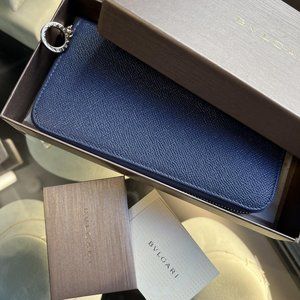 Bvlgari Indigo Topaz Bright Grain Calf Leather Zip Around Ladies Large Wallet